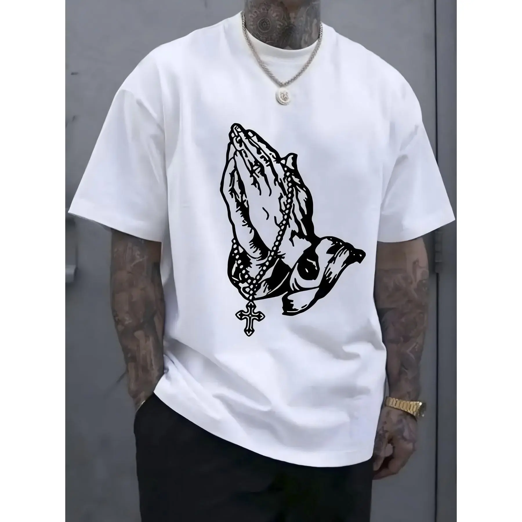 Cotton Short Sleeve  T-Shirt Men's "Pray" Graphic Cotton T-Shirt - White, Breathable & Comfortable, Short Sleeve, Round Neck, Casual Summer Wear, Everyday Clothing |   Streetwear Fashion |   Smooth Texture Fathersdaygift