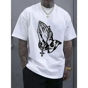 Cotton Short Sleeve  T-Shirt Men's "Pray" Graphic Cotton T-Shirt - White, Breathable & Comfortable, Short Sleeve, Round Neck, Casual Summer Wear, Everyday Clothing |   Streetwear Fashion |   Smooth Texture Fathersdaygift