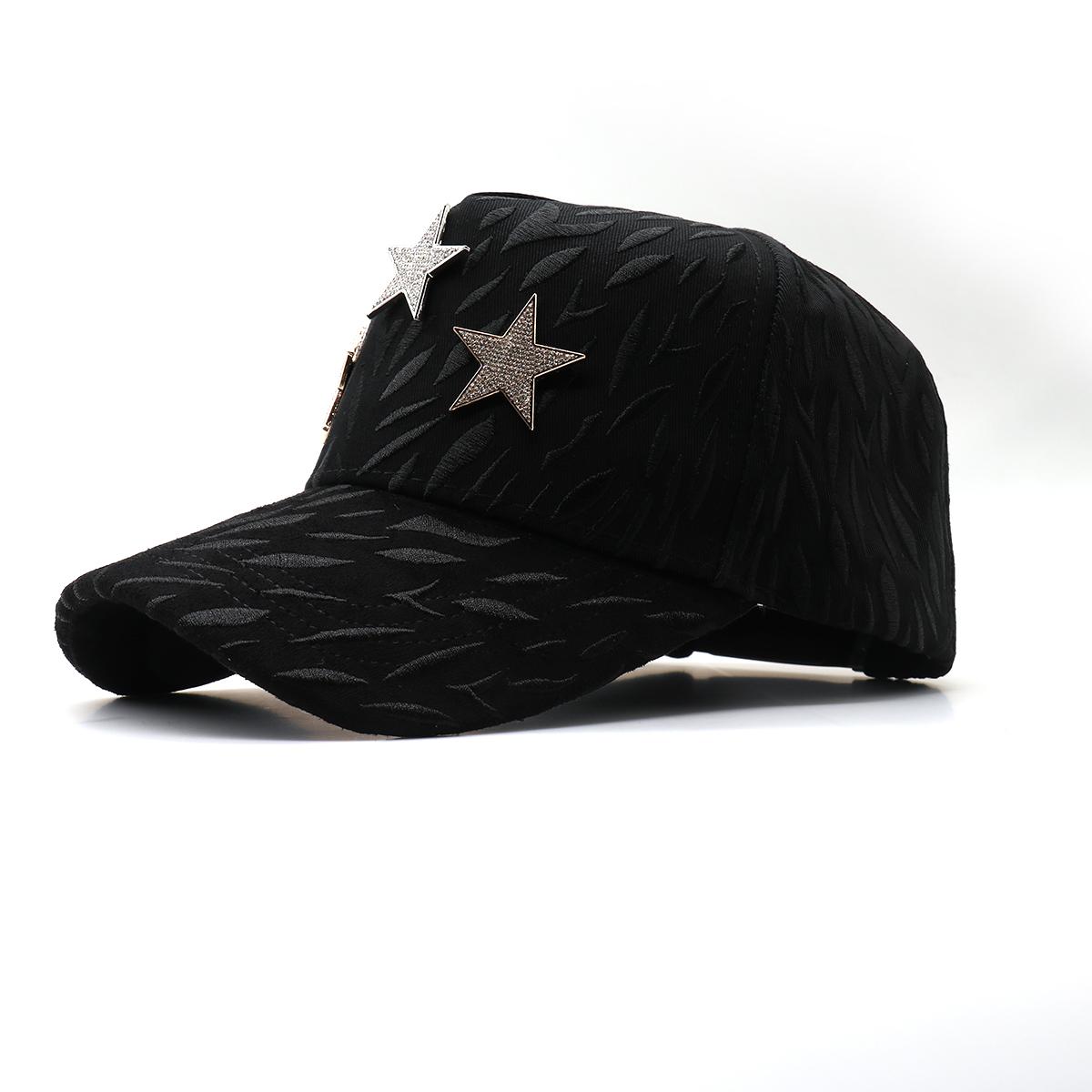 Streetwear Bling Cap with Triple Star Rhinestone Studs, Adjustable Hip Hop Snapback with Embossed Texture