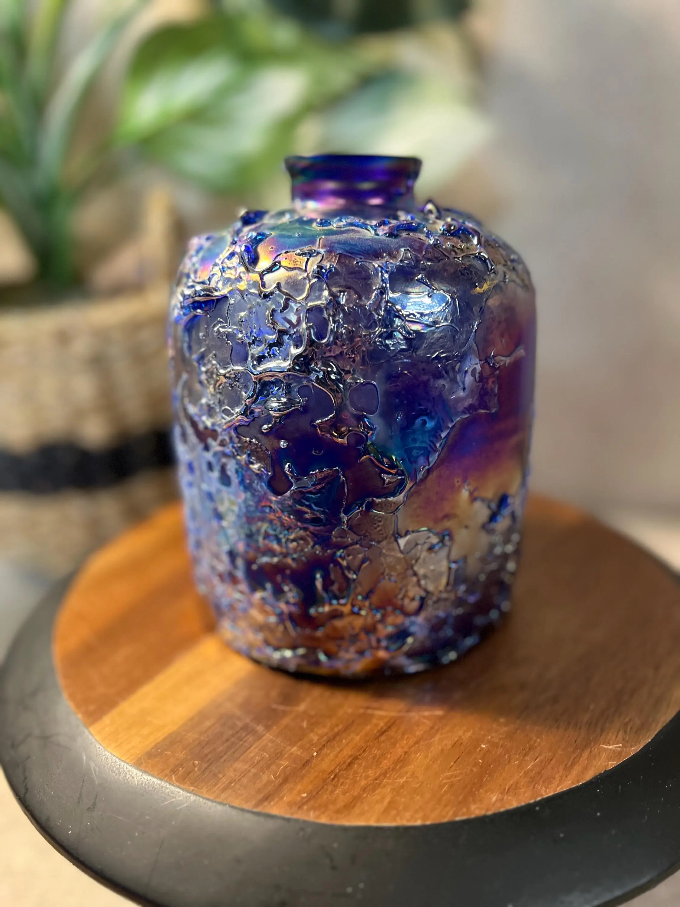 Vintage Irradescent Blue and Purple Raku Fired Glass Vase by Toyo Made In Taiwan