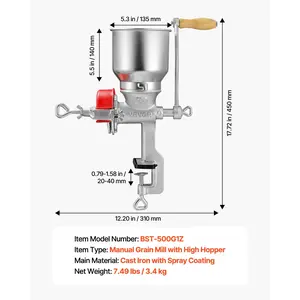 VEVOR Manual Grain Mill with High Hopper, Hand-Crank Corn Grinder, Heavy Duty Cast Iron Wheat Grinding Mill with Stable Table Clamp Dust Cover for Grains Spices Coffee Beans Nuts