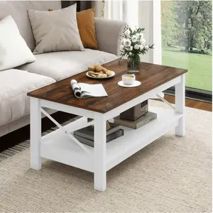 Farmhouse 2-Tier Rectangular Wood Coffee Table, Brown/White
