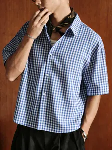 Vintage Streetwear Blue Plaid Loose Fit Short Sleeve Shirt, Men's Daily Commute Casual Versatile Blouse, Comfortable and Stylish
