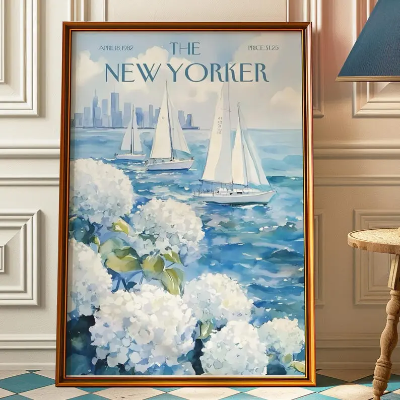 The New Yorker Magazine Cover Print April 18 1982 Issue, Trendy Coastal Aesthetic Nautical Blue Ocean Sailboat & Hydrangeas Wall Art Poster