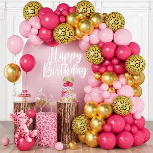 Pink Gold Cheetah Print Balloon Arch Kit, Pastel Hot Pink Chrome Gold Balloons Garland with Large Leopard Print Foil Balloons, for Baby Shower Girls Cheetah Jungle Animal Birthday Party Decorations
