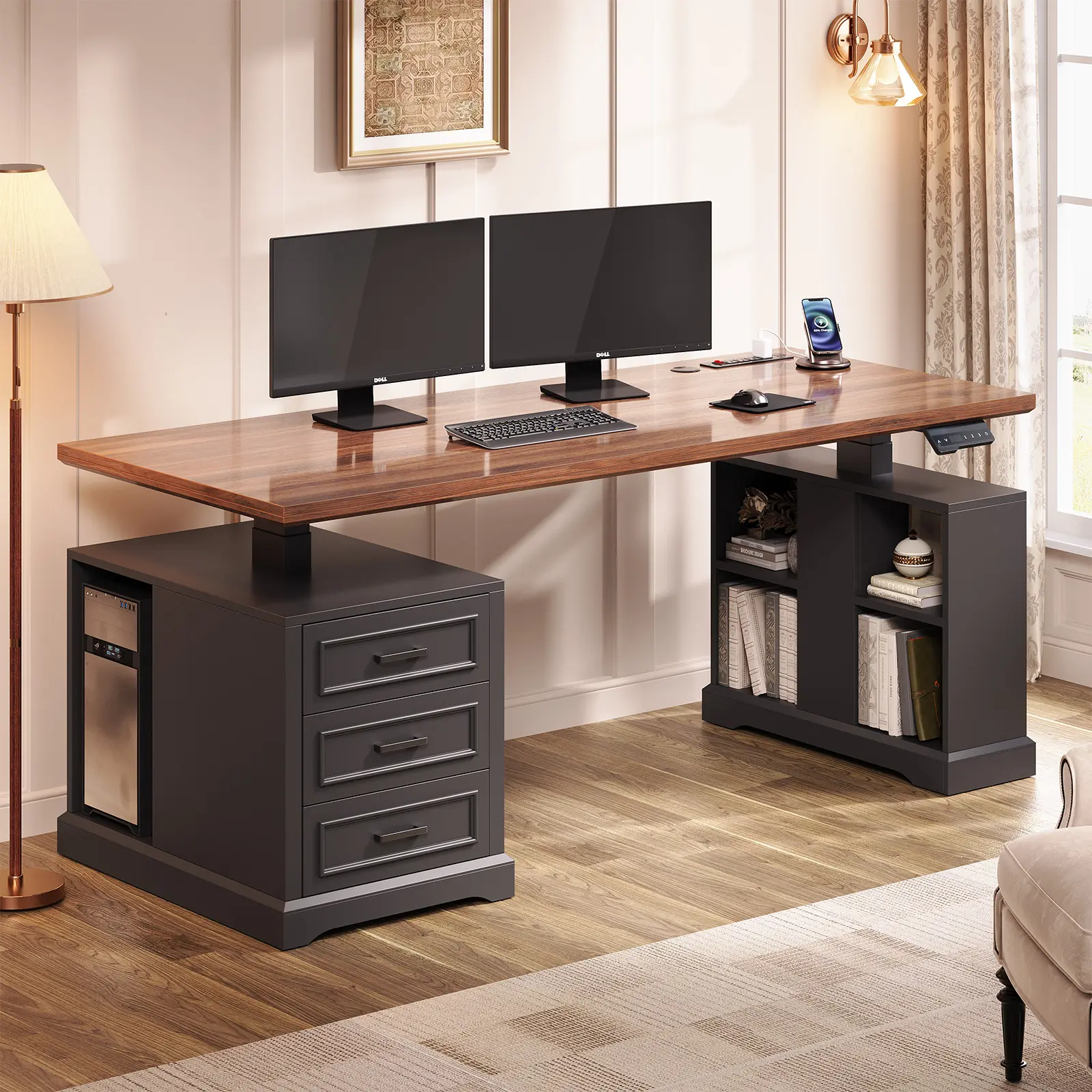 Sedeta Ergonomic Height-Adjustable Electronic Standing Desk (63" Wide Worktop, 63×27 in/63”L×27”W) - Rustic Home Office Workstation, Modern Durable Furniture, 3 Wooden Drawers, Textured Groove, Thick Base, 2 Open Shelves, 3 AC Outlets, Reduce Fatigue, Com Sedeta Ergonomic Height-Adjustable Electronic Standing Desk (63" Wide Worktop, 63×27 in/63”L×27”W) - Rustic Home Office Workstation, Modern Durable Furniture, 3 Wooden Drawers, Textured Groove, Thick Base, 2 Open Shelves, 3 AC Outlets, Reduce Fatigue, Com