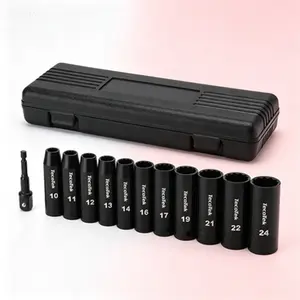Deep 12-Point Metric Impact Socket Set, 1/2-Inch Drive, 10mm to 24mm, 12-Piece, Cr-V Steel, Includes Drill Adapter, Professional Grade, Reusable