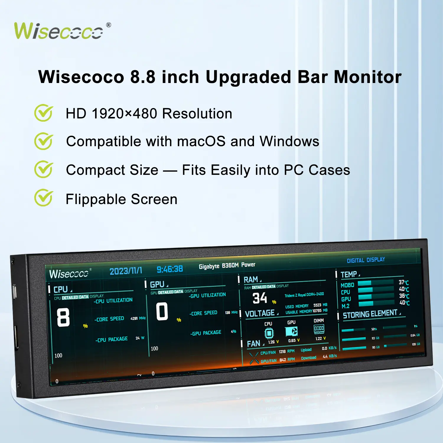 wisecoco 8.8“ Mini Bar Screen Display - Ultra-Wide IPS Panel, Type-C Connectivity, System Monitor for PC and Mac