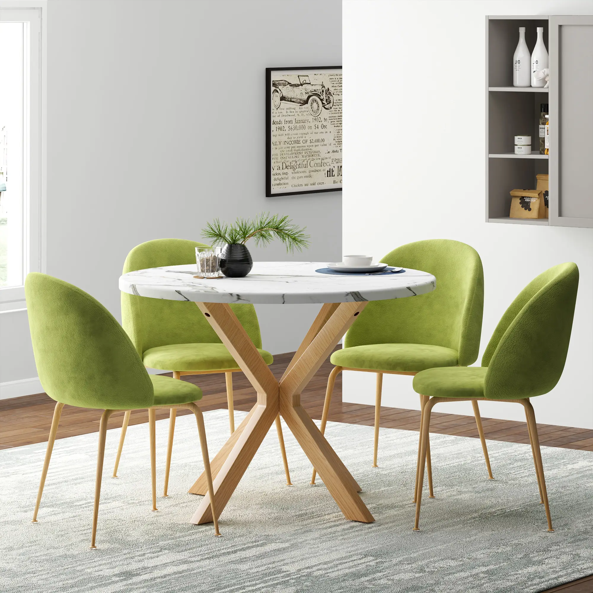 Stylish 39-Inch Round Kitchen Dining Table with Marble Look Top & Crossed Legs, Space-Saving Modern Breakfast Nook Table with Adjustable Feet for Small Apartments, Easy Assembly