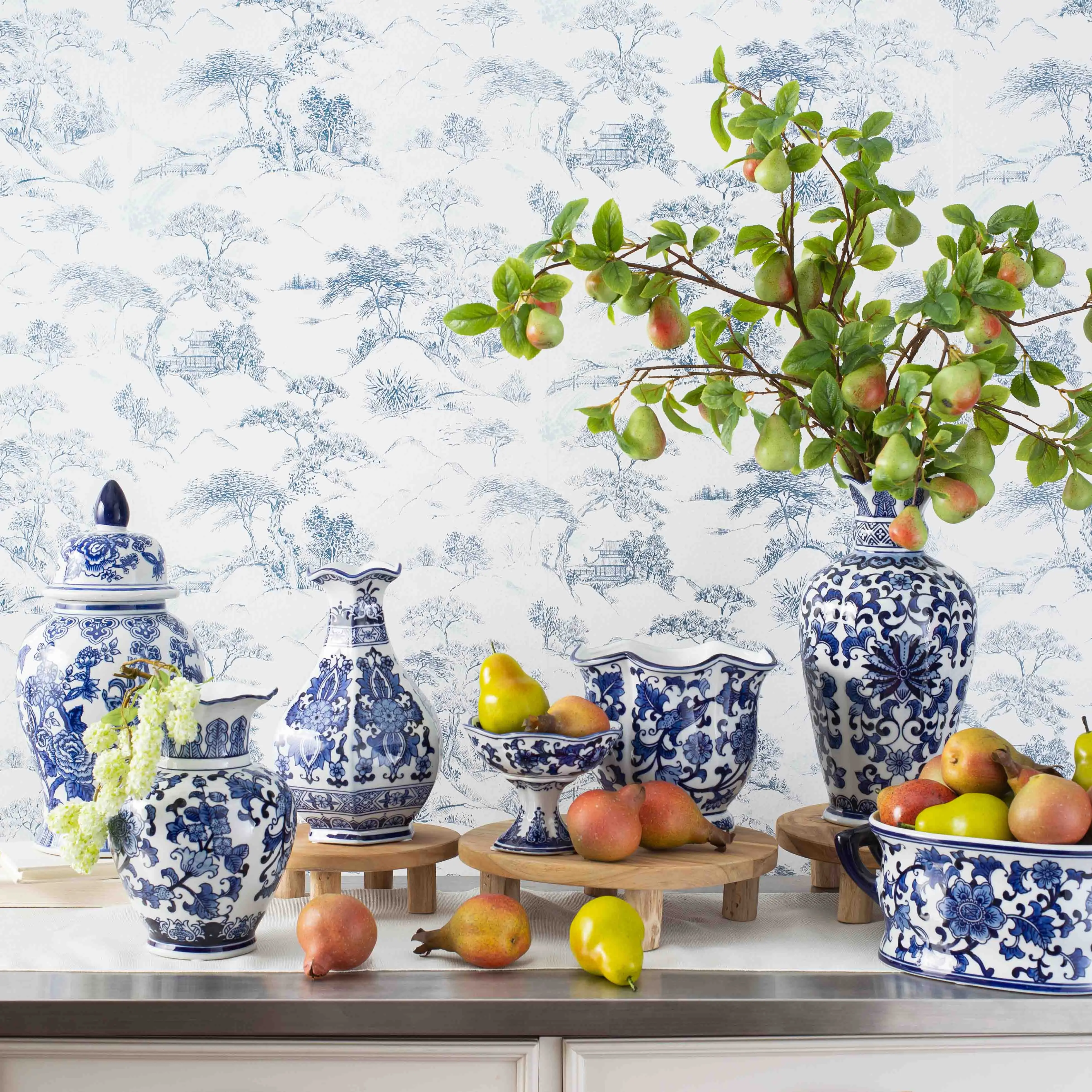 Blue & White Porcelain Chinoiserie Vases - 7" Temple Jar, Bowl, Terrine, Round Polo Tazza, Compote Pedestal Dishes, Imported Set, Household Decor Flower Pots, Ideal Gift Vessels for Home Supplies