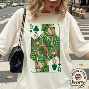 Comfort Colors Irish Queen Playing Card Shirt, Playful Shamrock Queen of Hearts Tee, Aesthetic Saint Pattys Day Lucky Outfit, Trendy Vintage Casino Irish Design, Premium Oversized Lucky Lady Holiday Gift