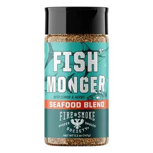 Fire & Smoke Society Fish Monger Seafood Seasoning | Fish Seasoning for Snapper, Swordfish, Tuna, Catfish, Salmon | BBQ Rubs and Spices | Himalayan Pink Salt, Garlic, Aromatic Herbs, Lemon and Orange Peel | M 5.2 oz