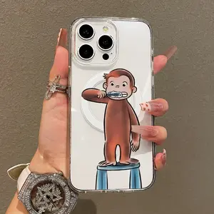 Trendy Magnetic Case for iPhone11/12/13/14/15/16/17/promax, Curious George Brushing Teeth Ultra Slim, MagSafe Support, Shockproof | Playful & Fun Style