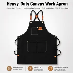 Heavy Duty Canvas Work Apron with Pockets, Adjustable Cross Back BBQ Apron for Cooking, Grilling, Woodworking & Barista Use