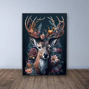 Deer & Flower Pattern DIY Diamond Art Painting Kit without Frame, DIY 5D Diamond Art Painting Kit, Wall Art Decor for Home Living Room Bedroom