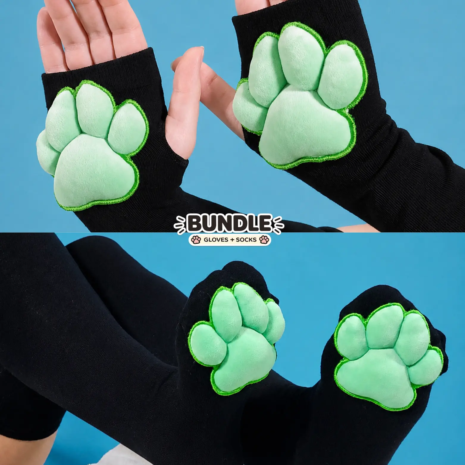 BUNDLE - Black Gloves and Thigh High Socks with Green Plush Bean Cat Paw Pads