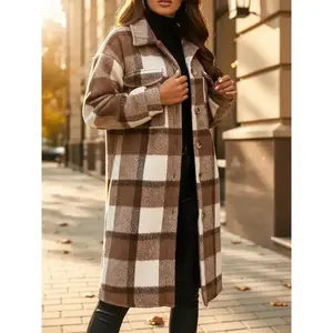 Women’s plaid long jacket, casual soft winter coat with a color-blocked collar and button design, comfortable autumn and winter fashion