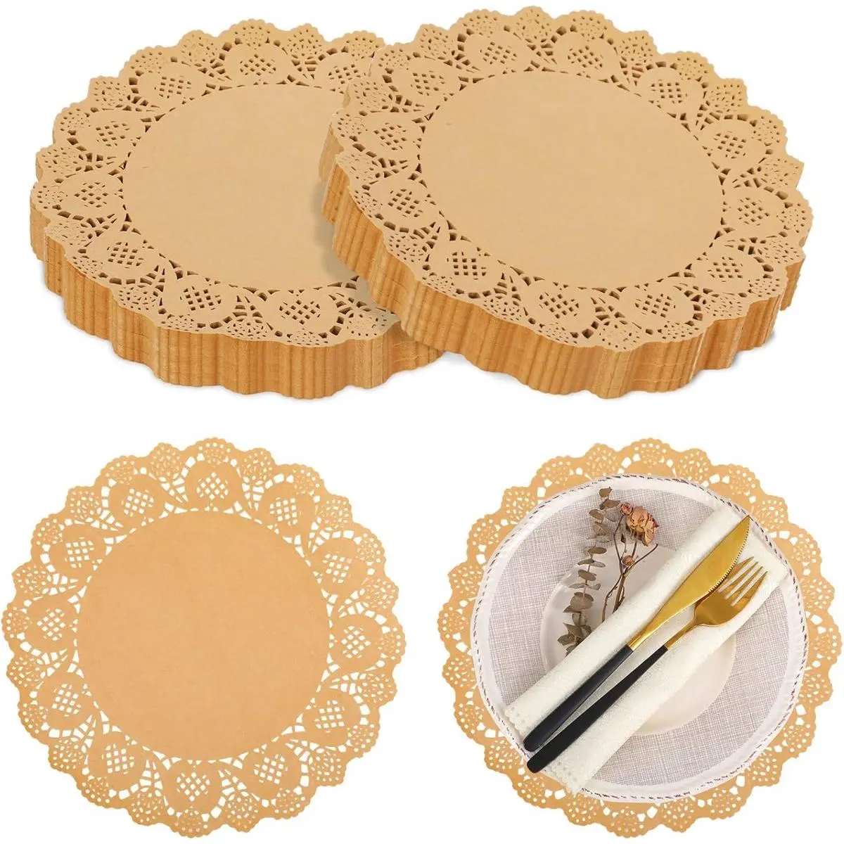 600 Pcs 12-Inch Round Oil-Resistant Elegant Disposable Kraft Paper Placemats - Brown Kitchen Tableware for Dinner Plates, Baking, Event Decor