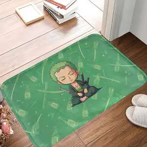 Anime Swordsman Floor Mat， Green Samurai Warrior Pattern， NonSlip Absorbent Durable Soft Texture， Perfect For Gaming Room Decor， Living Room Rug， Birthday Gift For Fans