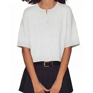 GRECERELLE Women's Short Sleeve Cardigan Button Up Crewneck Lightweight Casual Loose Open Front Knit Sweater Tops