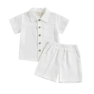 2Pcs Kids Baby Boy Gentlemen Outfits Summer Solid Color Lapel Short Sleeve Single-Breasted Tops+Shorts Cotton Linen Set