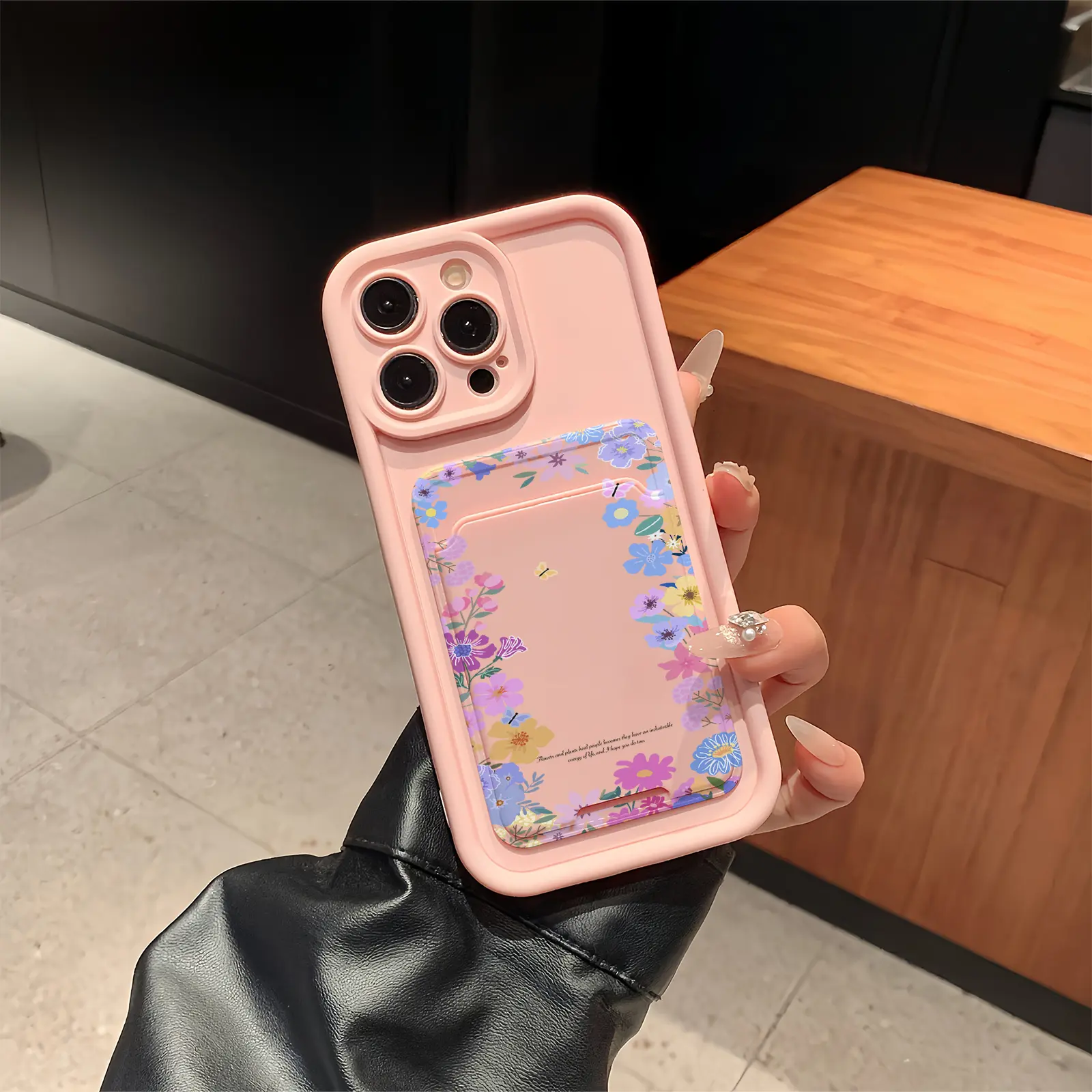 Two-Piece Set Self-Adhesive Card Holder Phone Case, Floral Tpu Anti-Drop Full Coverage Protection for iPhone 6/7/8/x/11/12/13/14/15/16/17 Pro Max, Casing