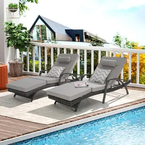 Outdoor Long Reclining Chairs Set of 2 Patio Rattan Chaise Lounge Chair with 6-Position Adjustable Backrest & Removable Cushion Sunbathing Lounger for Beach Poolside Garden Backyard Grey