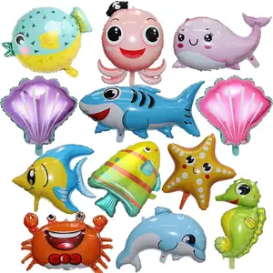 9Pcs Large Cute Sea Animal Balloons Octopus Shark Fish Dolphin Hippocampus Crab Scallops Foil Balloons for Boys Girls Sea Underwater Animals Theme Party Decoration