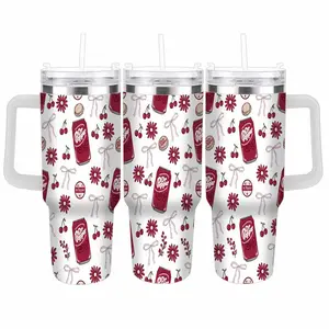 Dr pepper Retro Soda Can Pattern Stainless Steel Tumbler Aesthetic Cherry Floral Ribbon Print Vacuum Insulated LeakProof Travel Mug Perfect For Daily Office Hydration Stylish Gift For Friends Outdoor Camping Trips Summer Picnics