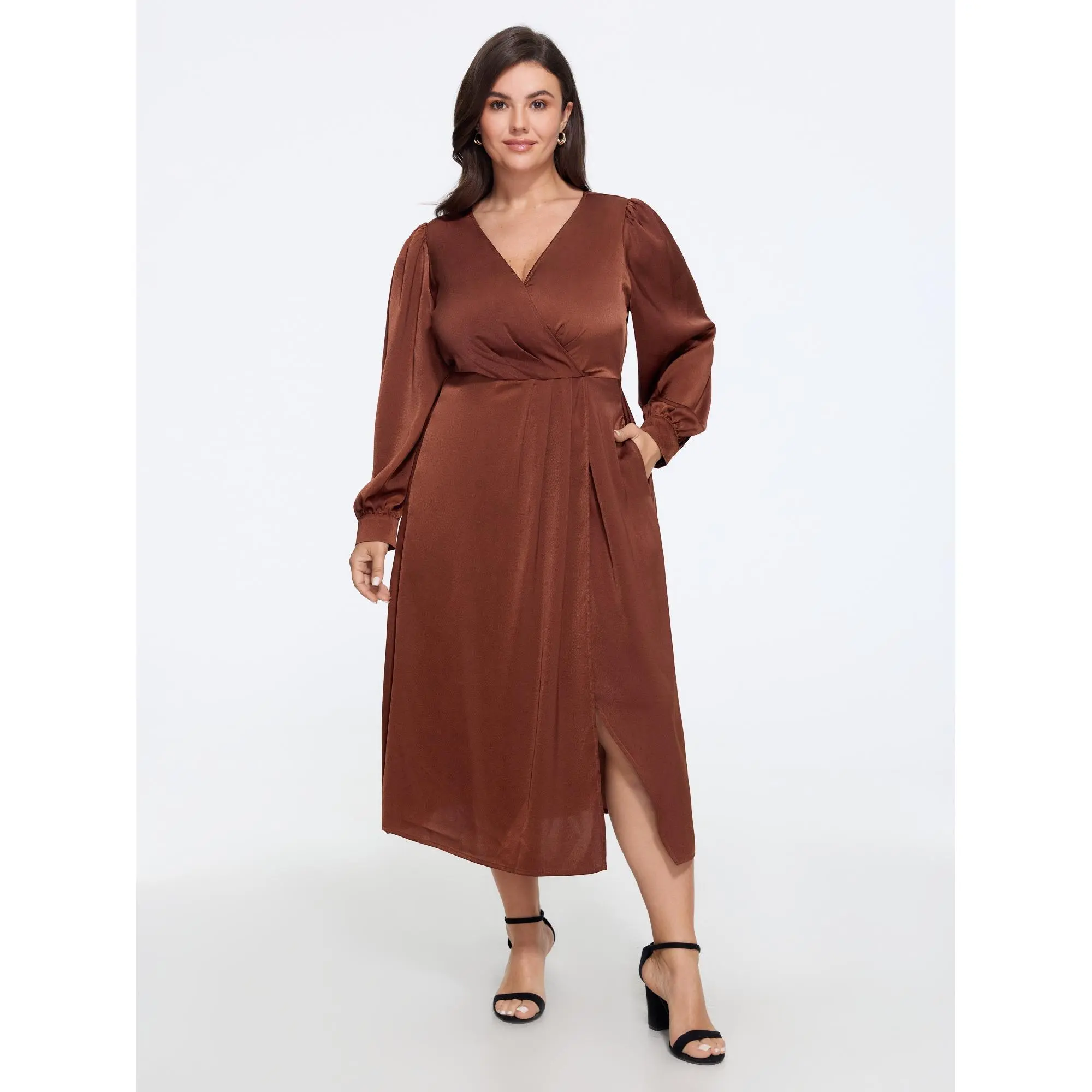 BLOOMCHIC Plus Size Supersoft Satin Wrap Neck Long Sleeve Slit Midi Dress[M-6X]Summerfinds, Polyester