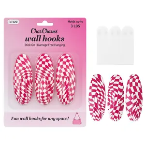 CharCharm 3-Pack Aesthetic Wall Hooks | Pink Checkerboard | No-Drill | Damage-Free Adhesive Hooks for Dorms & Rentals | College Decor