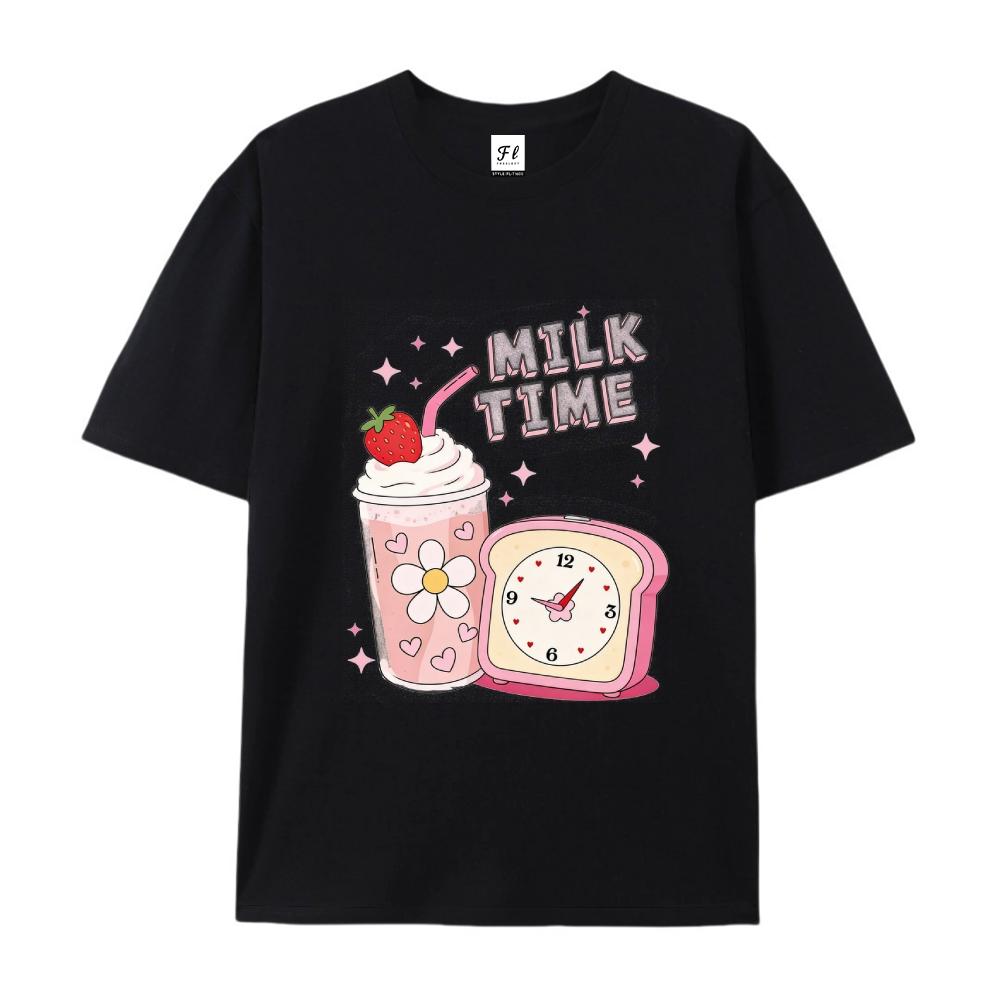 Milk Time Cute Strawberry Milkshake Retro Kawaii Graphic T-Shirt for Men & Women  Top