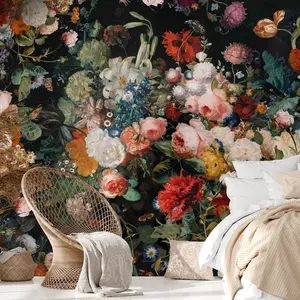 Dark Floral Wall Mural Peel and Stick 148" W x 98" H Large Flower Wallpaper Self Adhesive for Bedroom Living Room TV Background Decor Paintings Art