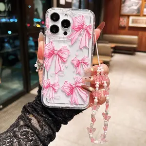 Bow Pattern Phone Case with Butterfly Lanyard, Durable Fashionable Protective Anti-Drop Cover for iPhone 11/12/13/14/15/16/17 Pro Max