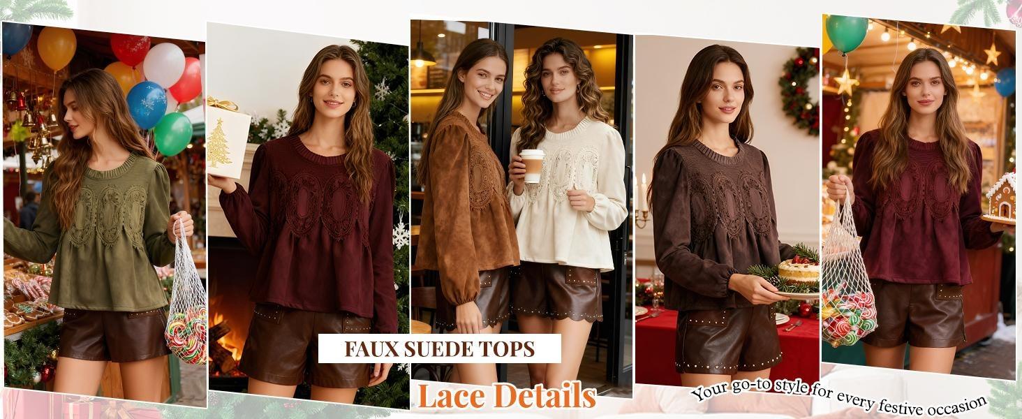 WoodBerry Women's Lace-Detail Suede Flared Blouse Long Puff Sleeve Crew Neck Flared Swing Babydoll Tops Elegant Intricate Mesh Loose Shirts WoodBerry Women's Lace-Detail Suede Flared Blouse Long Puff Sleeve Crew Neck Flared Swing Babydoll Tops Elegant Intricate Mesh Loose Shirts