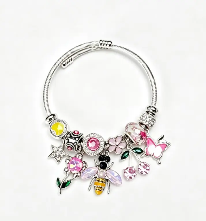 Cute Bee Pink Butterfly Charm Bracelet, Adjustable Silver Wire Bangle with Flower Cherry Crystal Charms, Women Dainty Stackable Jewelry Gift for Birthday Party