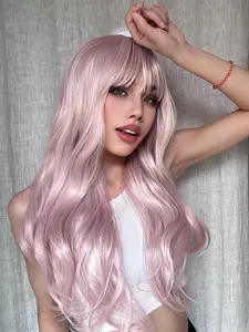 【Flash Sale】SummerVibes Long Pink Wavy Wig with Bangs for Girls Synthetic Hair Wig Daily Cosplay Party Use
