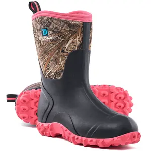 TruDave Rubber Boots for Women, 6mm Neoprene Mid Calf Rain Boots  with Steel Shank, Waterproof Insulated Mud Work Boots All Season Comfortable Pink Walking Shoes