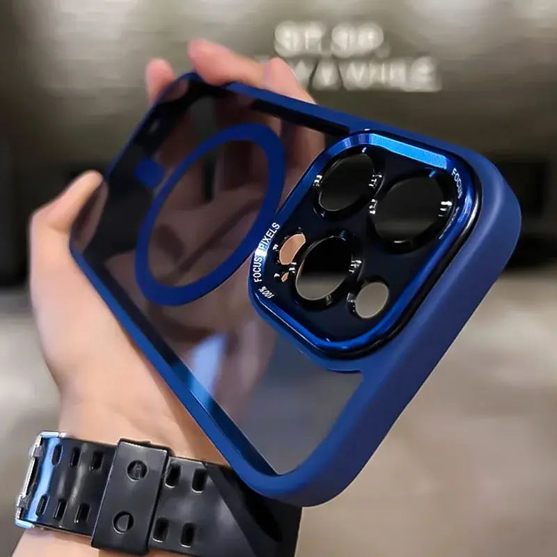 Transparent Metal Camera Bumper Case For iPhone 16 Pro Max 15 16 Plus 17Air 17 11 13 14 15 Pro Max For Magsafe Magnetic Clear Phone Cover Shockproof Casing