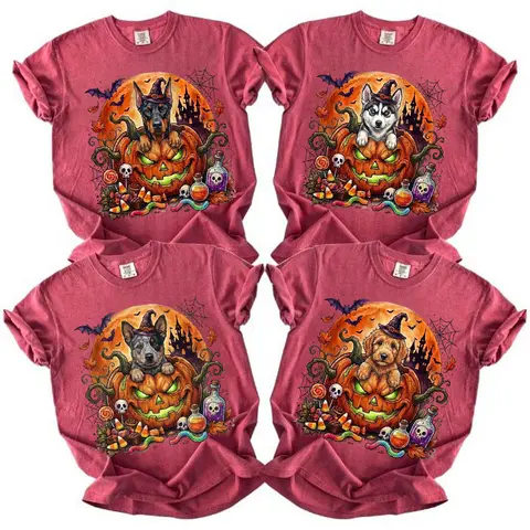 Custom Dog Comfort Colors 50+ Halloween Dog Lover Shirt, Cute Witch Puppy Pumpkin Graphic Tee, Spooky Dog Halloween T-Shirt, Fall Pet Lover Gift