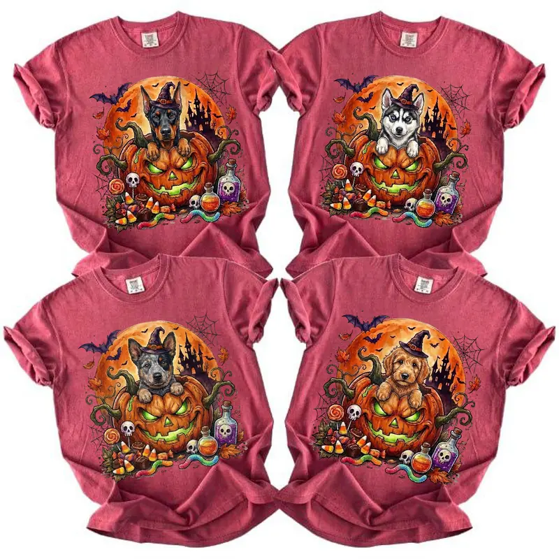 Custom Dog Comfort Colors 50+ Halloween Dog Lover Shirt, Cute Witch Puppy Pumpkin Graphic Tee, Spooky Dog Halloween T-Shirt, Fall Pet Lover Gift