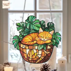 Orange Cat In Monstera Acrylic Suncatcher Mothers Day Gift For Plant Lover Window Decor Plant Lady Cat Mom Gift, Book Lover's Gift Cat Lover