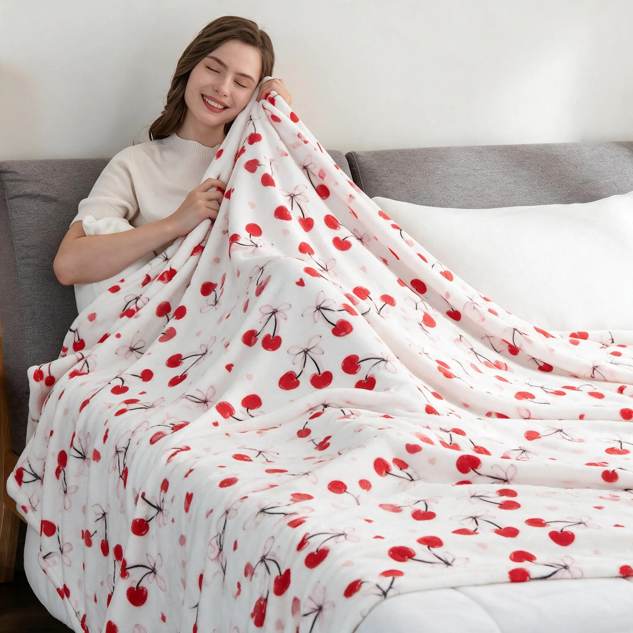 Cute Cherry Print Flannel Throw Blanket - Lightweight, Cozy Cover, Soft Multi-Size Camping Sleeping Gear for Sofa, Bed