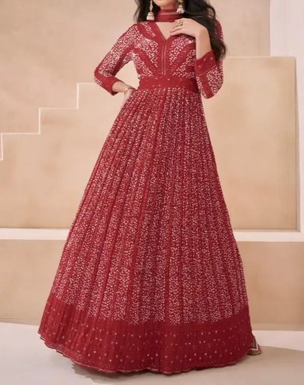 Red Real Georgette Readymade Gown With Dupatta
