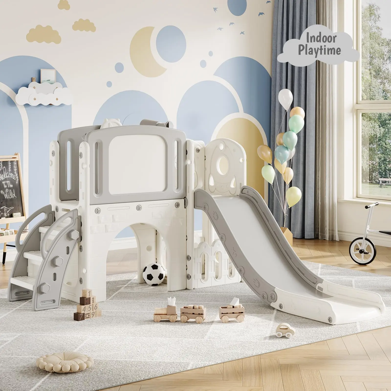 8-in-1 Toddler Slide Indoor & Outdoor Playground Playset for Kids-Includes Climber, Basketball Hoop, Telescope, Tunnel, and Storage Space for Backyard & Courtyard Fun, Outdoor Kids Stuff, Compact, Active Play