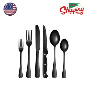 24-Piece Black Stainless Steel Silverware Set with Steak Knives For 4, Mirror Polished, Dishwasher Safe