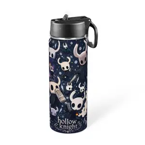 Insulated 20oz Stainless Steel Tumbler Hollow Knight Aesthetic Inspired Travel Cup with Foldable Straw & Handle Leak-Proof Vacuum Insulated Mug for Hot Cold Drinks TikTok Viral Gaming Desk Setup Dark Knight Style Office School Commuting Use Gift Ready