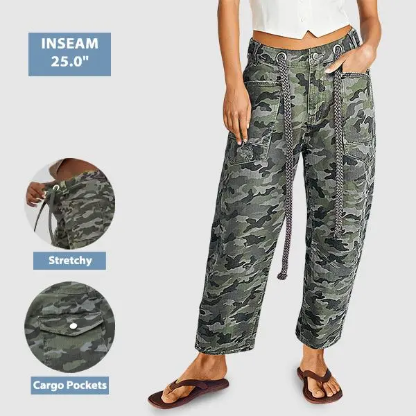 Flamingals Stretchy Camo Print Eyelet Drawstring Mid Rise Barrel Leg Pants - High Stretch Fabric, Adjustable Fit, 25.0" Inseam, Machine Washable Summer Vibes