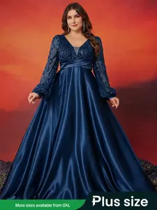Women's High-Quality Sequined Satin Patchwork Slim-Fit Plus Size V-Neck Long Sleeve Elegant Formal Evening Dress, Mother of the Bride Gown