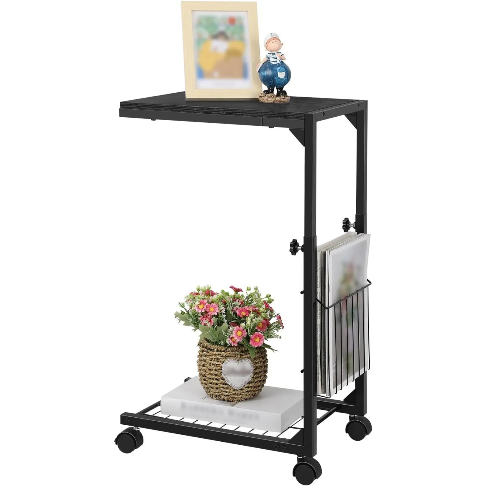 Adjustable-Height C-Shaped Side Table with Wheels & Storage, 1 Pack/2 Pack Modern Home Living Room Furniture for Small Spaces Bedroom (Small Footprint)